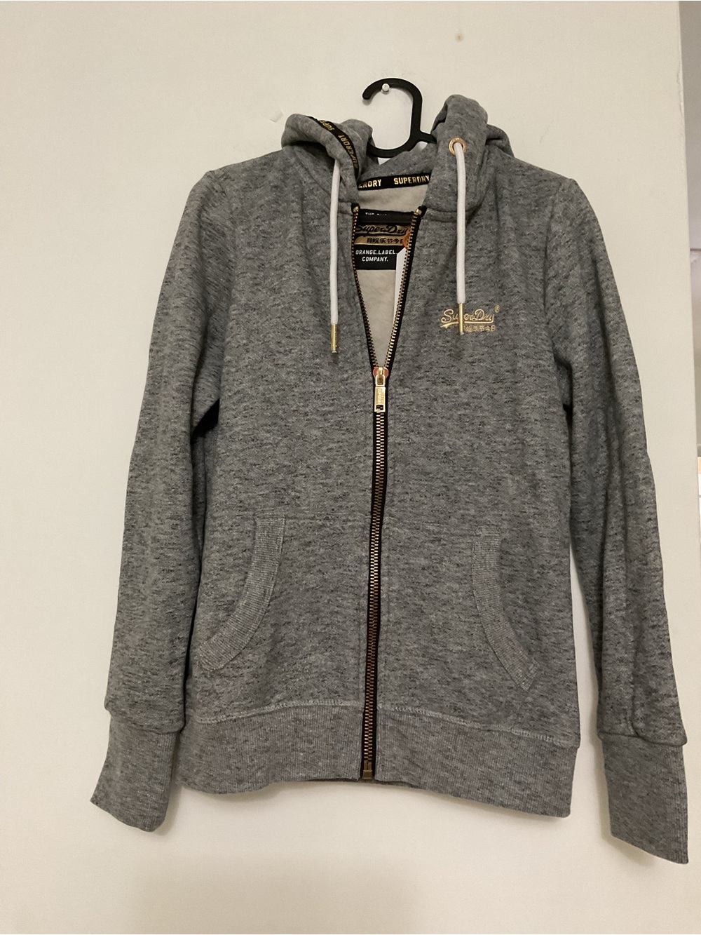 Superdry Heather Gray Full-Zip Hoodie with Gold Accent